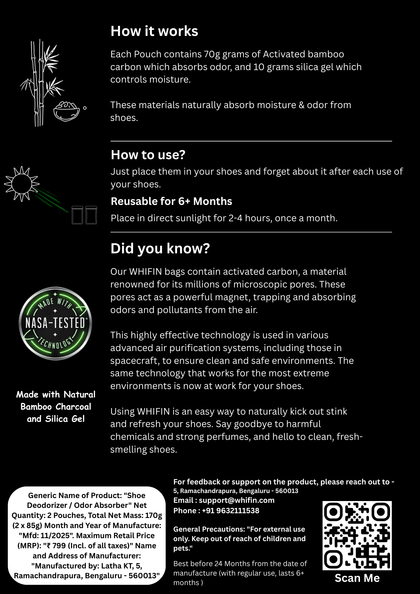 WHIFIN Shoe Deodorizer Pouches (2-Pack) — Bamboo Charcoal & Silica Gel